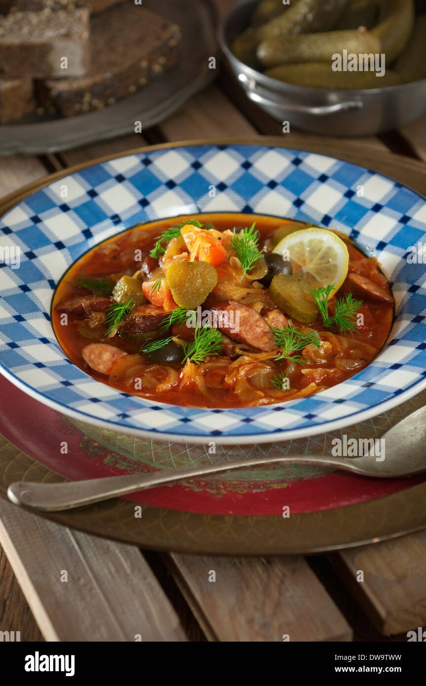 Solyanka. Eastern european meat and vegetable soup Stock Photo