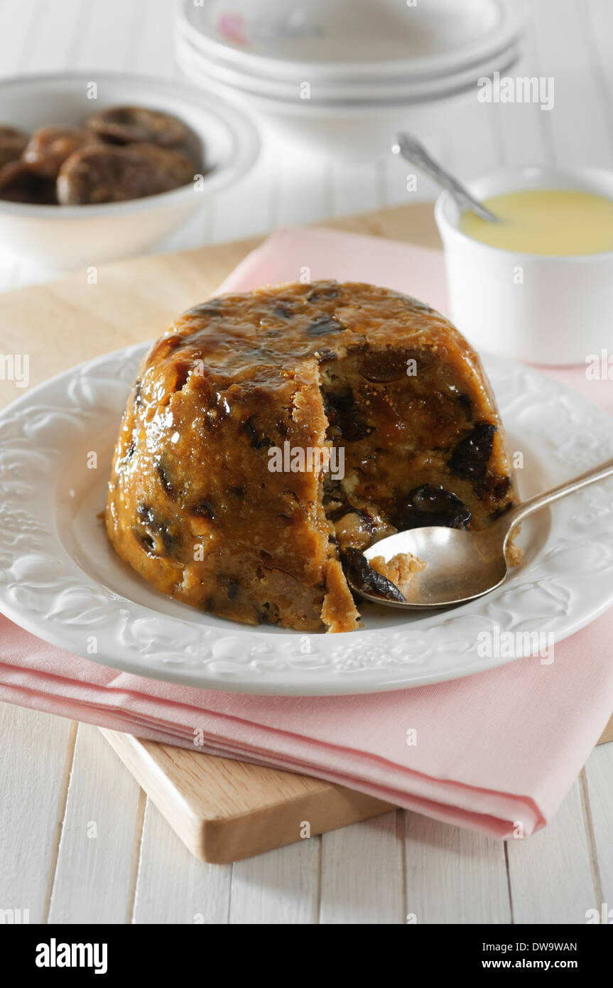 Figgy pudding. Traditional dried fruit dessert. UK Food Stock Photo Alamy