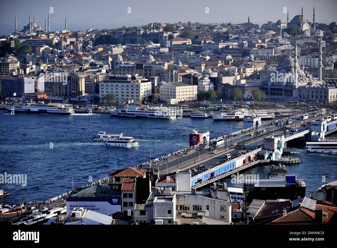 Istanbul, Turkey - May 3, 2013: Galata Bridge and the Golden Horn view from Galata Tower on May 3, 2013 in Istanbul. Stock Photo