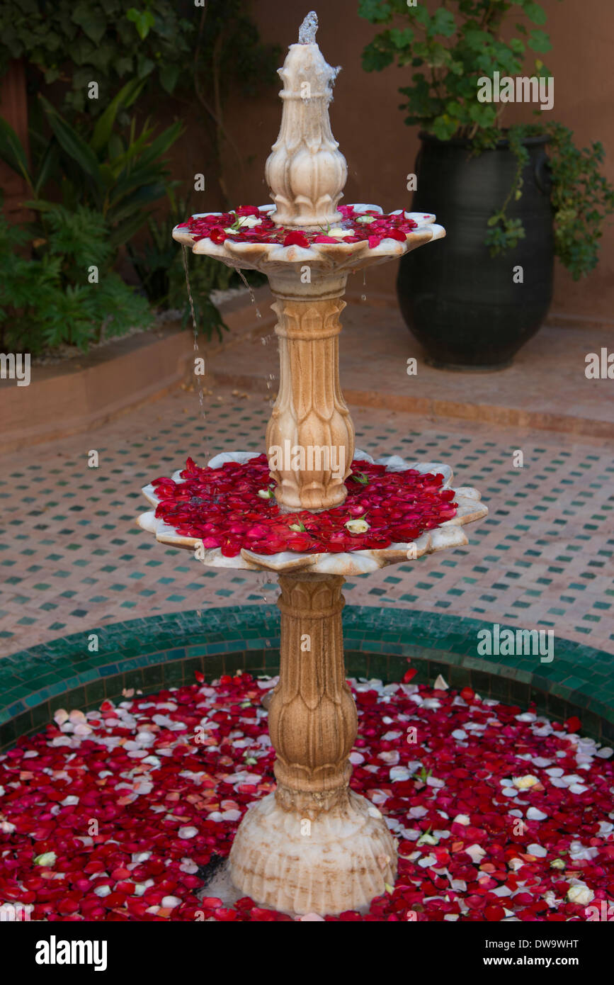 Petals decorated fountain at Kasbah Tamadot, Asni, Morocco Stock Photo