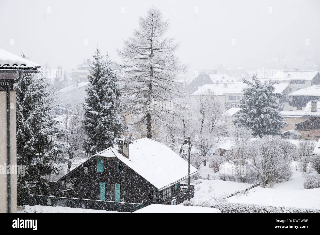 Snowing in Alpine village of Chamonix-Mont-Blanc, Haute Savoie, Rhone-Alpes, France, Europe Stock Photo