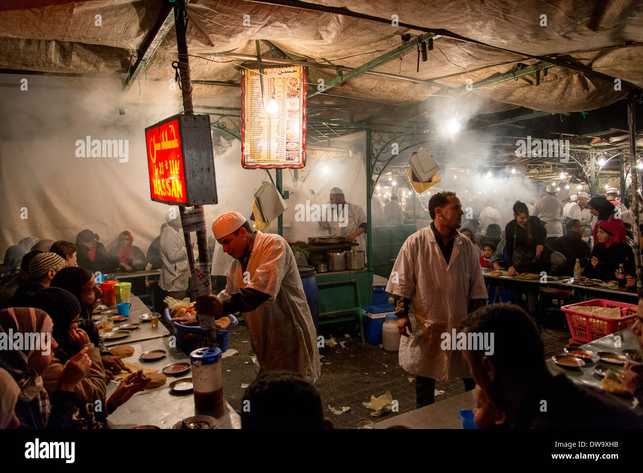 People having food in a restaurant, Djemma El Fna, Marrakesh, Morocco Stock Photo