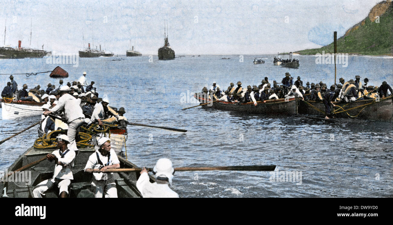 US Navy transporting troops for the invasion of Cuba during the Spanish-American War, 1898. Hand-colored halftone of a photograph Stock Photo