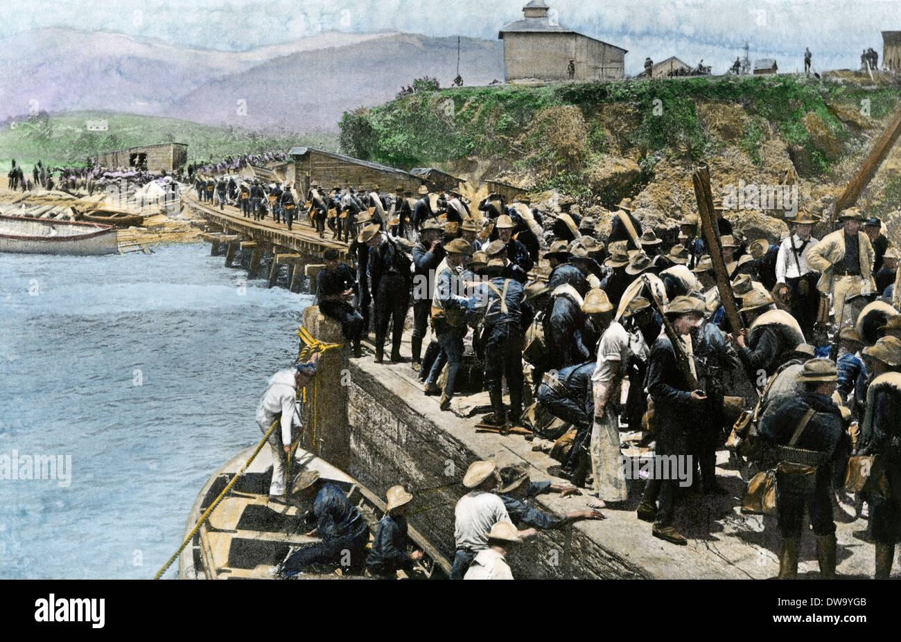 General Shafter's US troops going ashore at Daiquiri, Cuba, during the Spanish-American War, 1898. Hand-colored halftone of a photograph Stock Photo