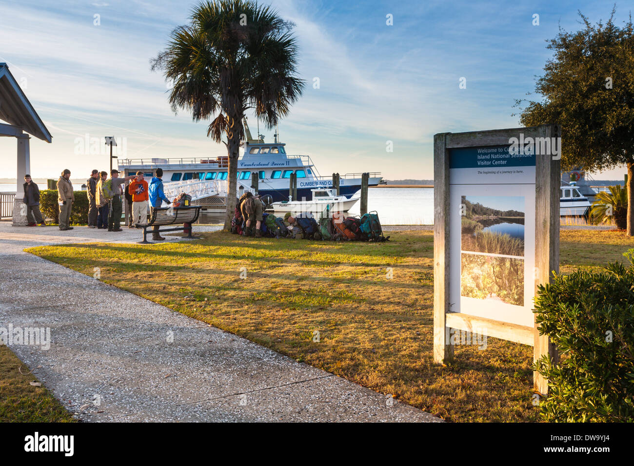 Group of campers waiting to board the Cumberland Queen II ferry boat to Cumberland Island National Seashore in St. Marys, GA Stock Photo
