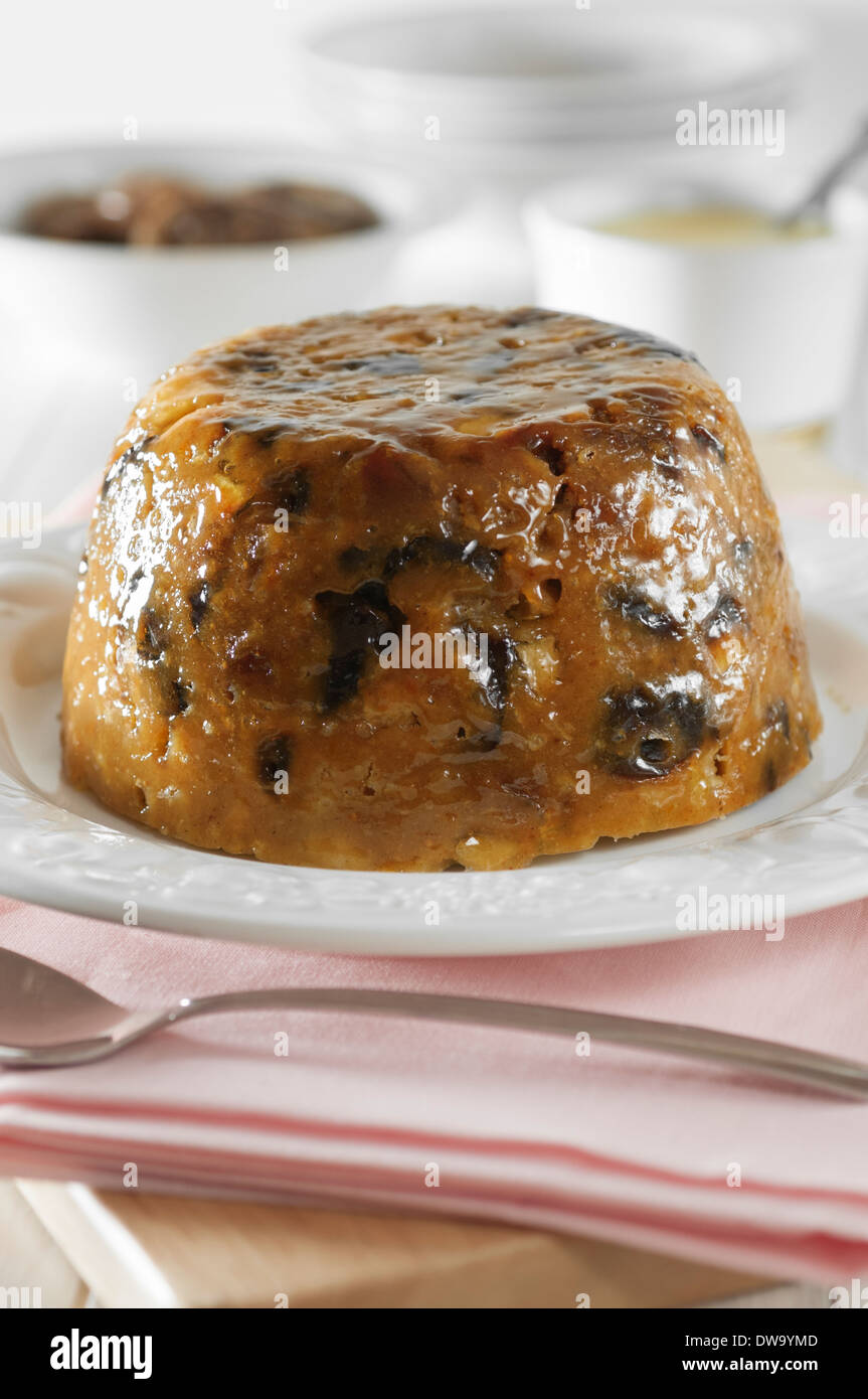 Figgy pudding. Traditional dried fruit dessert. UK Food Stock Photo Alamy
