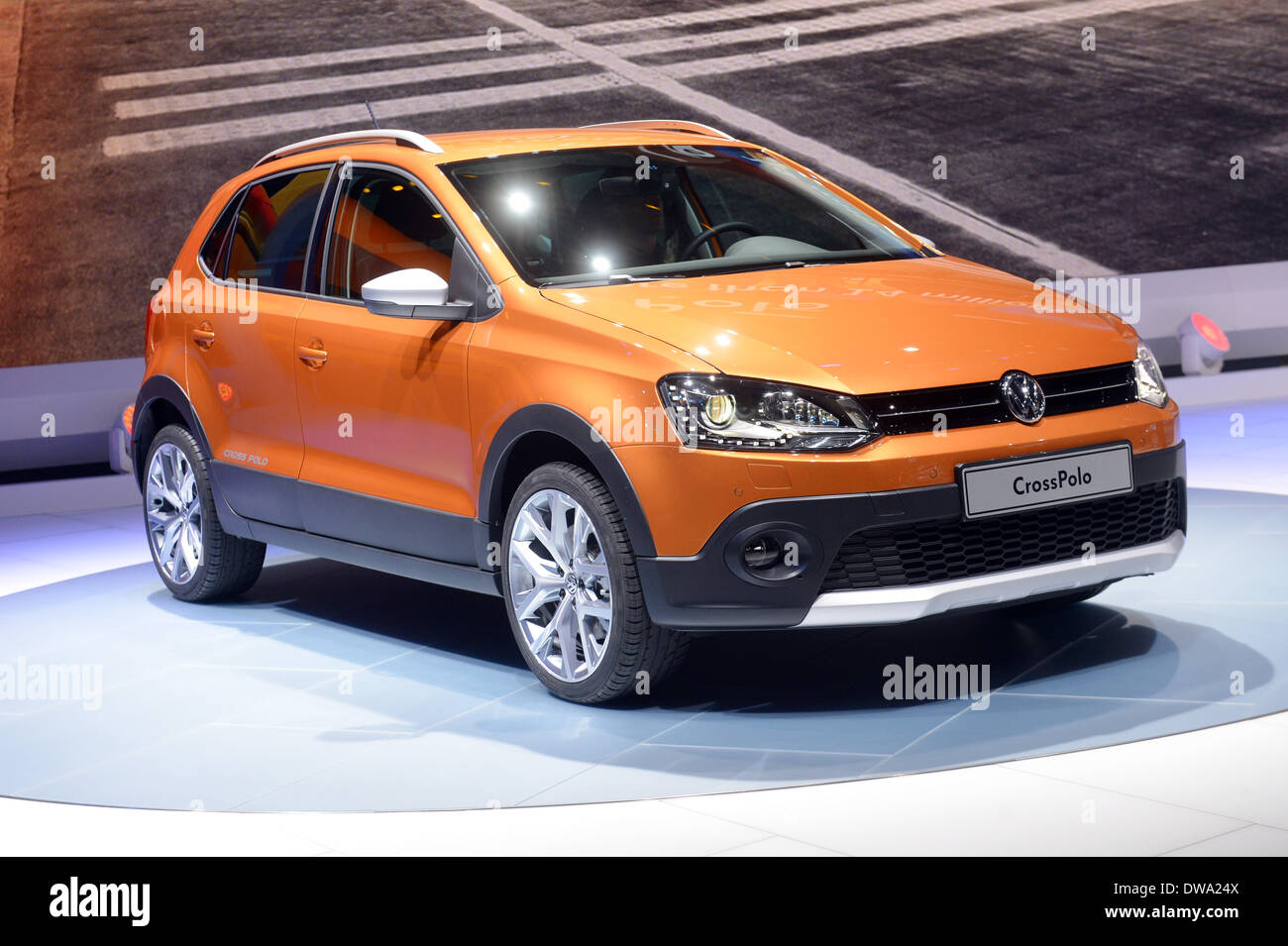 Geneva, Switzerland. 04th Mar, 2014. The VW Cross Polo is presented at the  Palexpo exhibition hall during the first press day of the Geneva Motor Show  in Geneva, Switzerland, 04 March 2014.