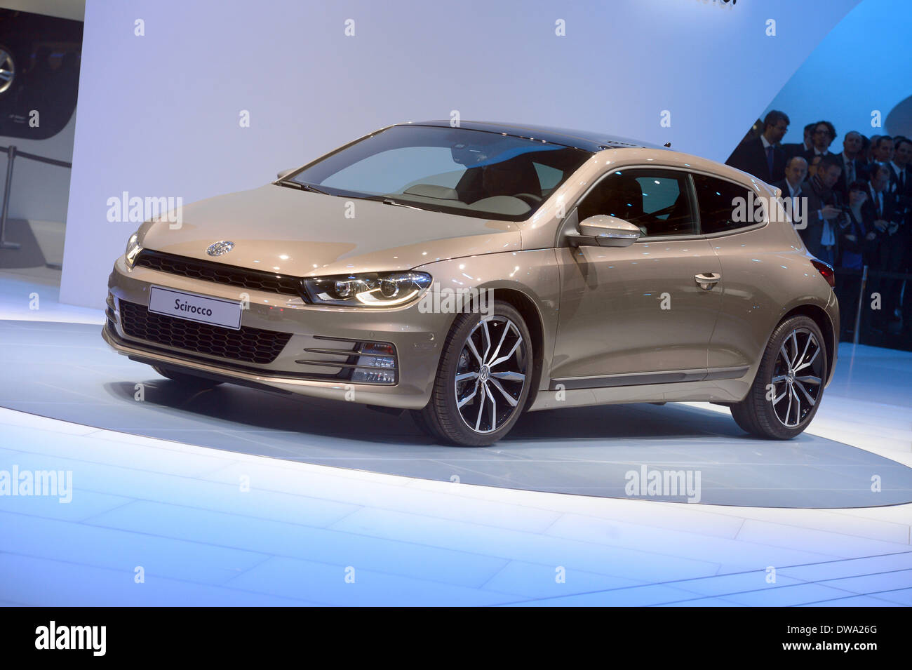 Geneva, Switzerland. 04th Mar, 2014. The VW Scirocco is presented at the  Palexpo exhibition hall during the first press day of the Geneva Motor Show  in Geneva, Switzerland, 04 March 2014. The