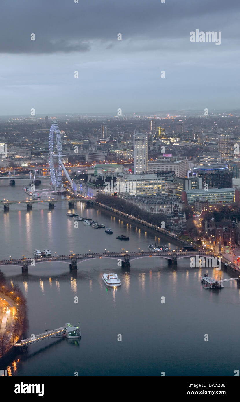 Aerial view of The Thames and London Eye at sunset, London, UK Stock Photo