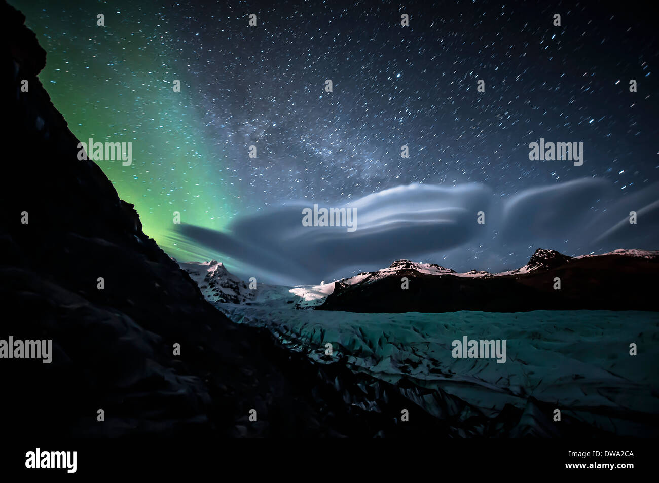 The Northern lights and Milky Way at night, Vatnajokull Glacier, Panoramic Point, Skaftafell National Park, Iceland Stock Photo