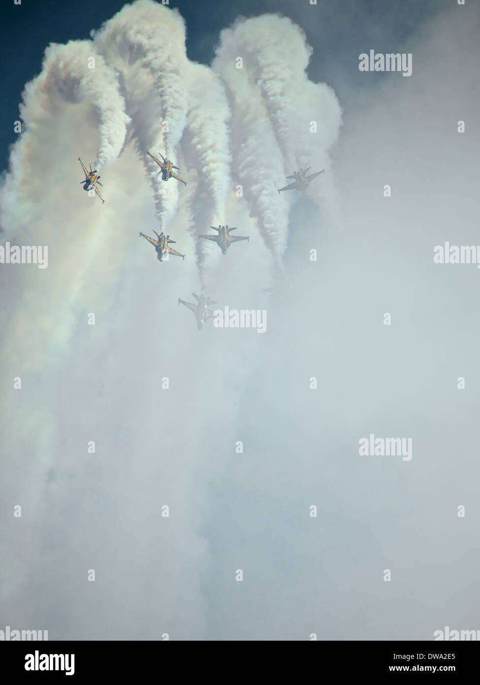 ROKAF's Black Knights aerobatic team enthralling visitors at the 2014 Singapore airshow with its high precision maneuvers Stock Photo