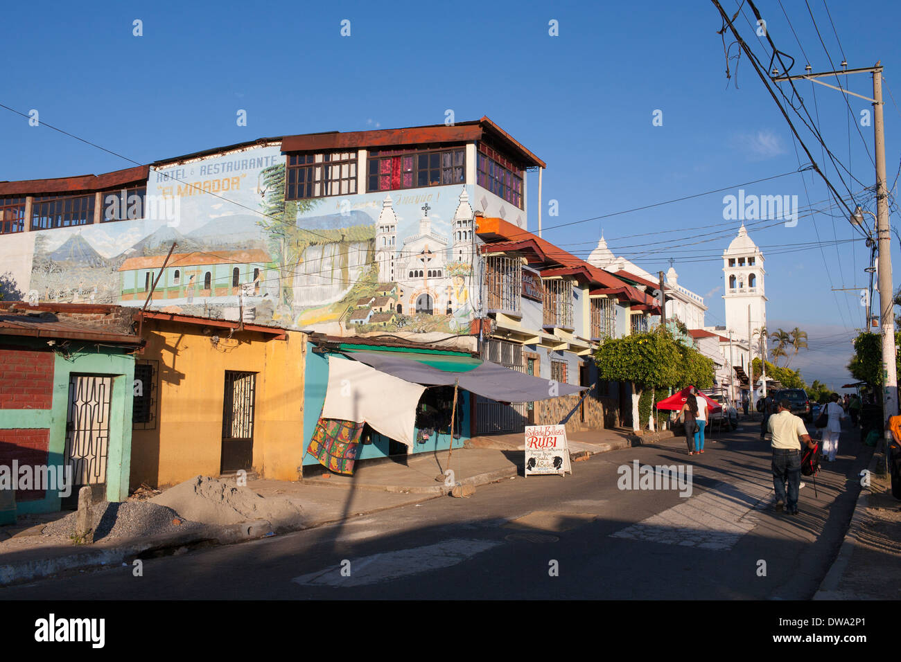 A hotel above the market in the center of Juayua, a small town on the Ruta de Las Flores, a mountainous region of El Salvador Stock Photo