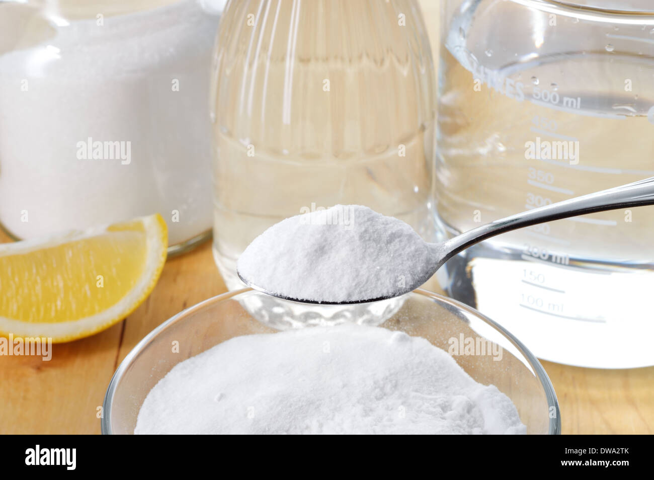 Ecofriendly natural cleaners. Vinegar, baking soda, salt, lemon and