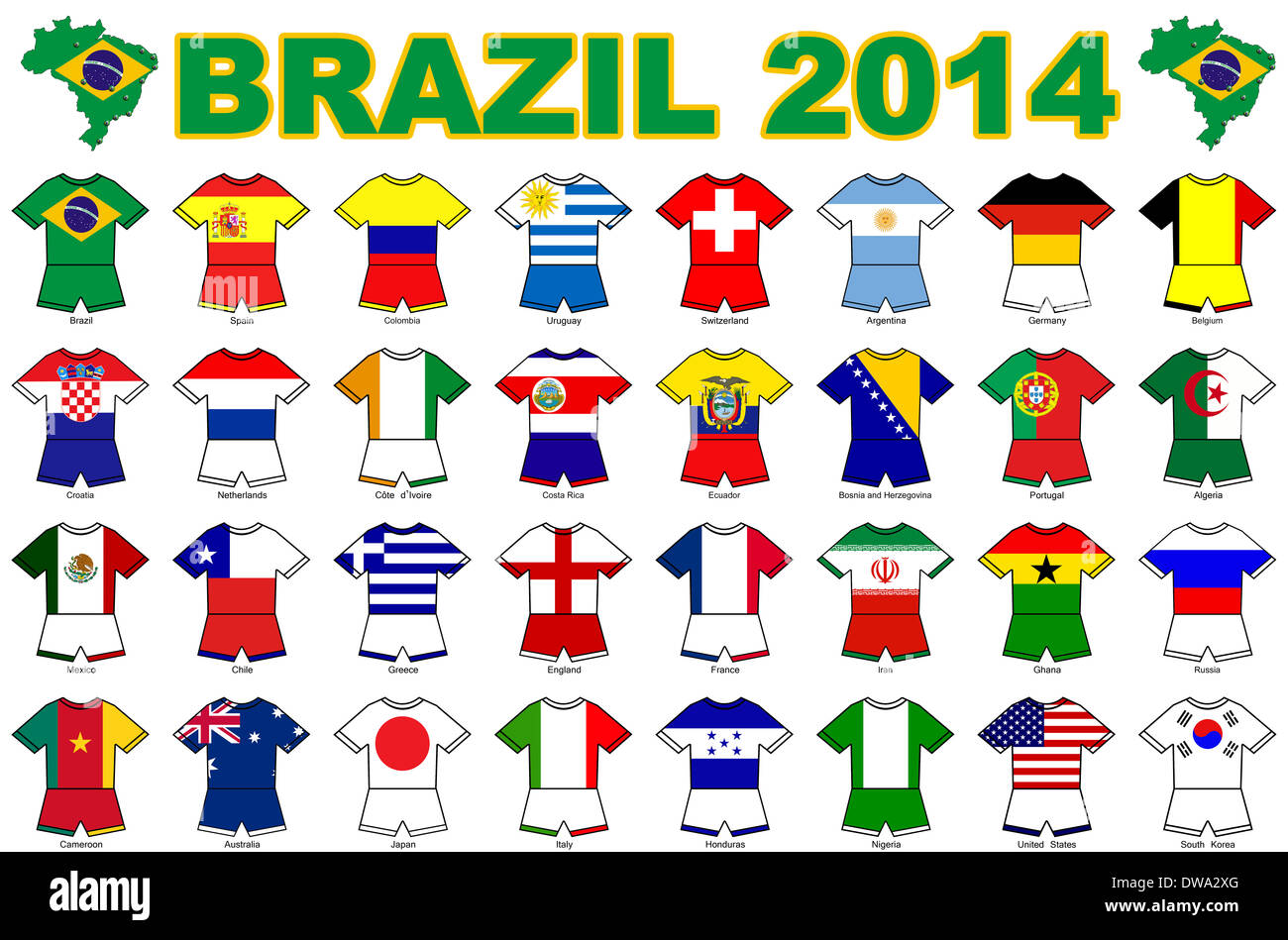 A collection of kit shaped flags of all of the national soccer teams competing at the 2014 football finals in Brazil. Stock Photo