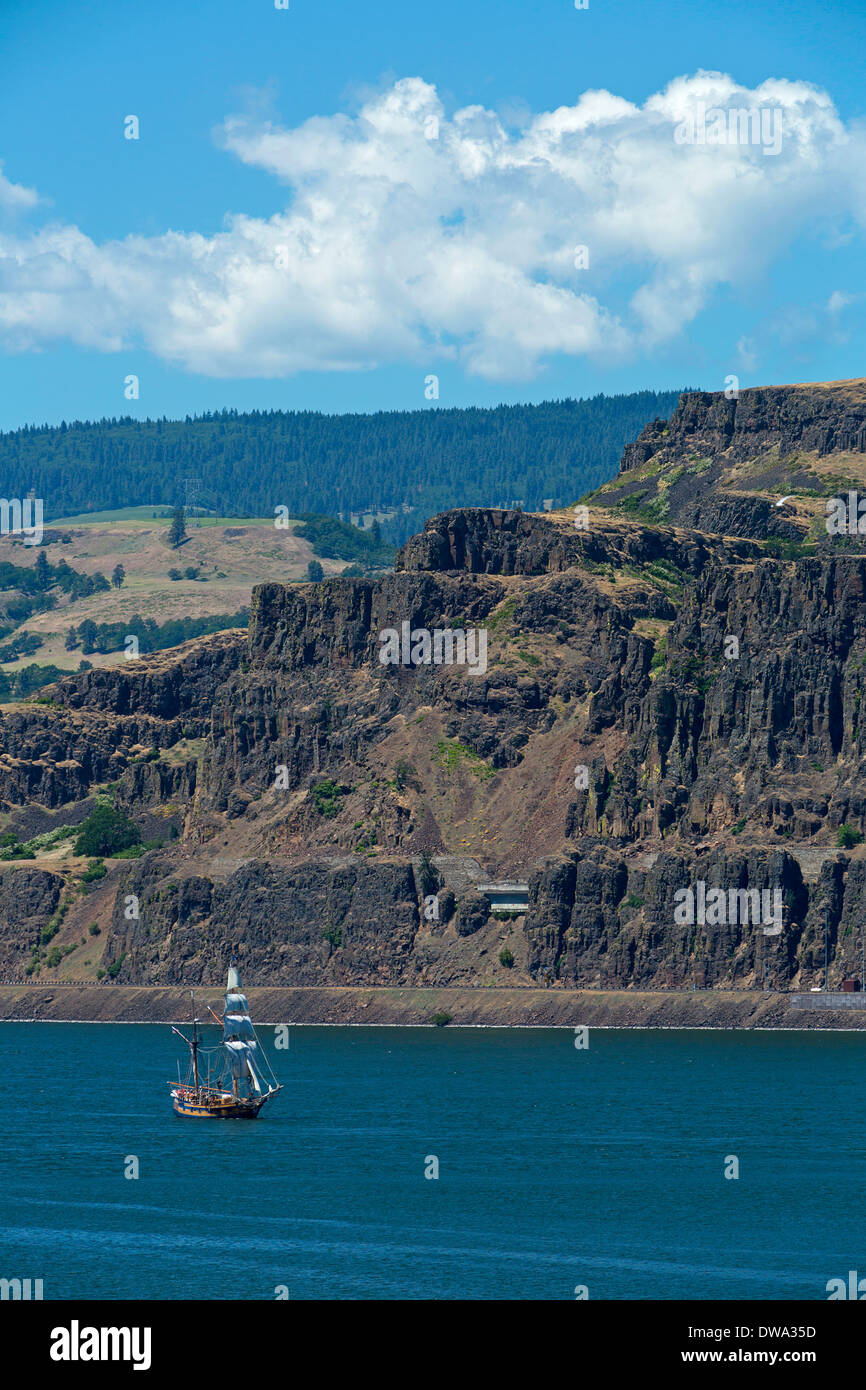 An old ship sails down the Columbia River and Columbia River Gorge. USA Stock Photo