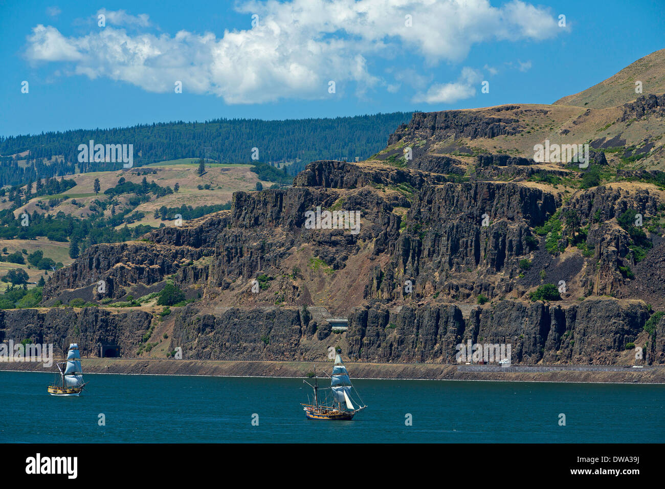 An old ship sails down the Columbia River and Columbia River Gorge. USA Stock Photo