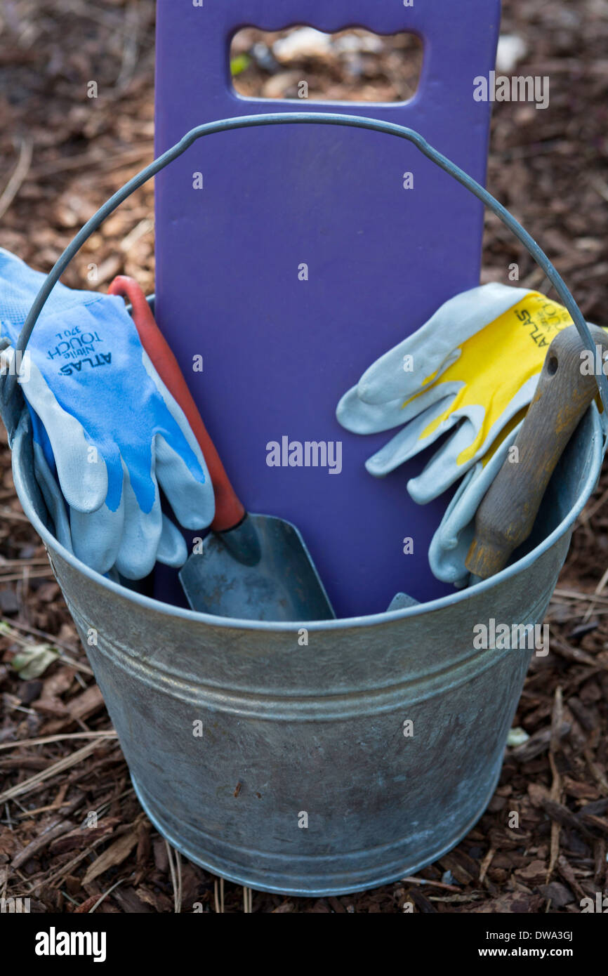 A bucket or pale ready for gardening in the spring time. Stock Photo