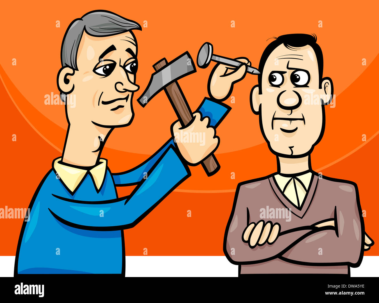 Cartoon Concept Illustration of Hit the Nail on the Head Saying or