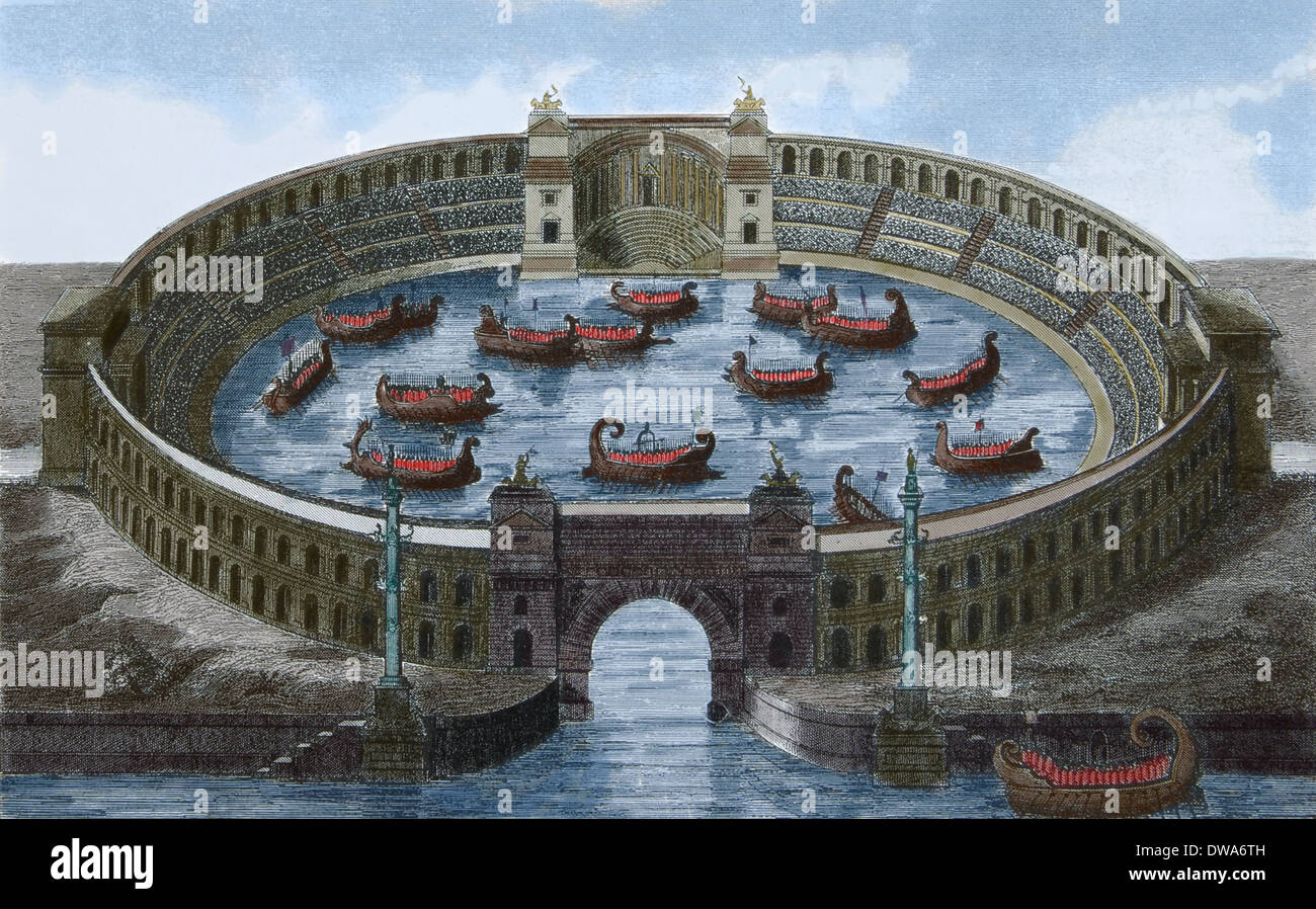Ancient Rome. Roman Naumachia. Staging of naval battle as mass entertainment. Engraving. (Later colouration). Stock Photo