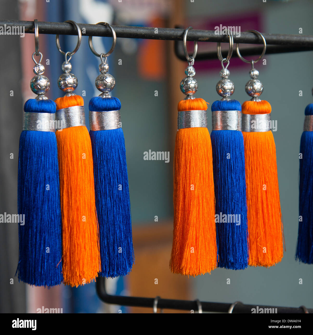 Colorful tassel key chains for sale at market stall, Medina, Marrakesh