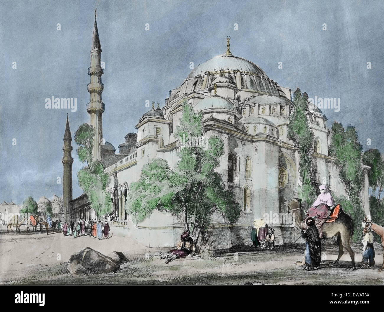 Turkey. Istanbul. Suleymaniye Mosque. According of sketch by Coke Smith. Engraving by J.F. Lewis. 19th century. Color Stock Photo