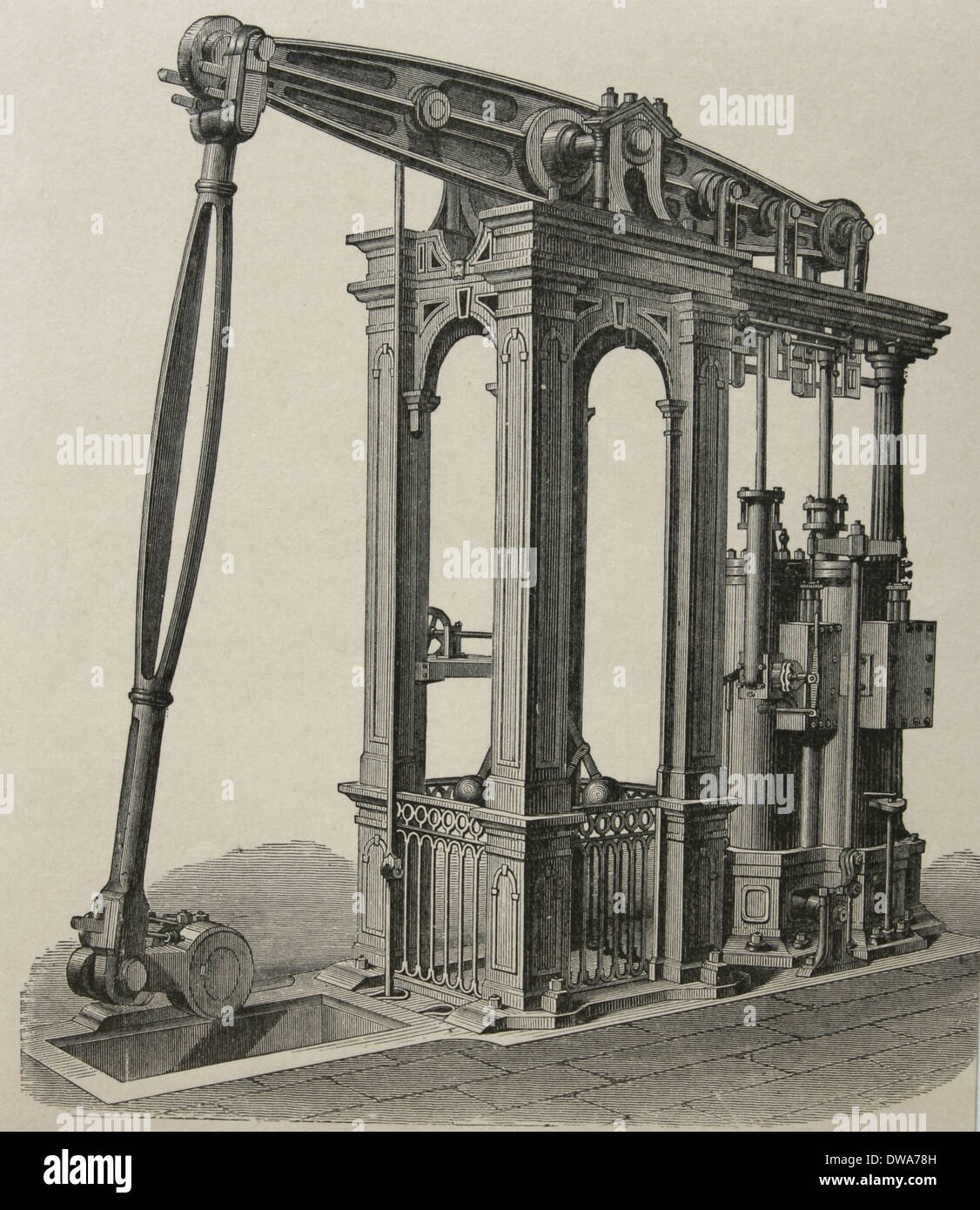 Steam engine by Cornish engineer Arthur Woolf (1766-1837). Engraving, 19th century. Stock Photo