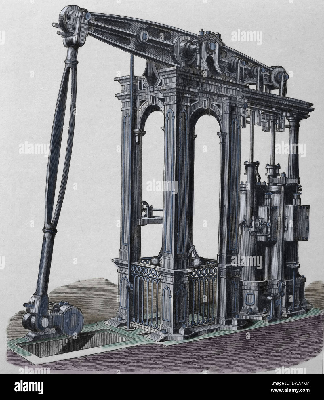Steam engine by Cornish engineer Arthur Woolf (1766-1837). Engraving, 19th century. (Later colouration). Stock Photo