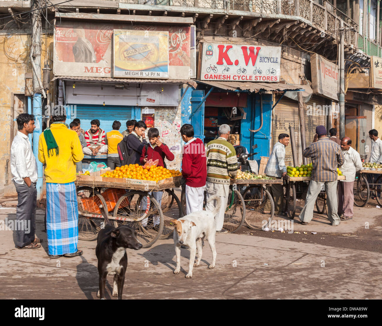 Street scene in Old Delhi, India: local Indian people buying and selling fruit from barrows with bicycle wheels, dogs in street Stock Photo