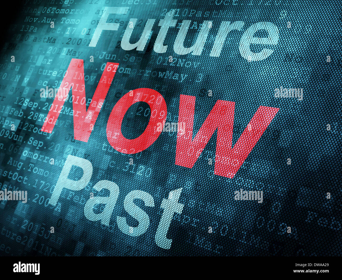 Timeline concept: pixeled word Past Now Future on digital screen Stock Photo