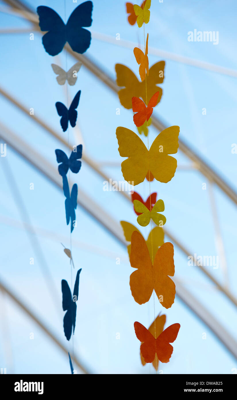 Colourful hanging butterfly mobiles Stock Photo
