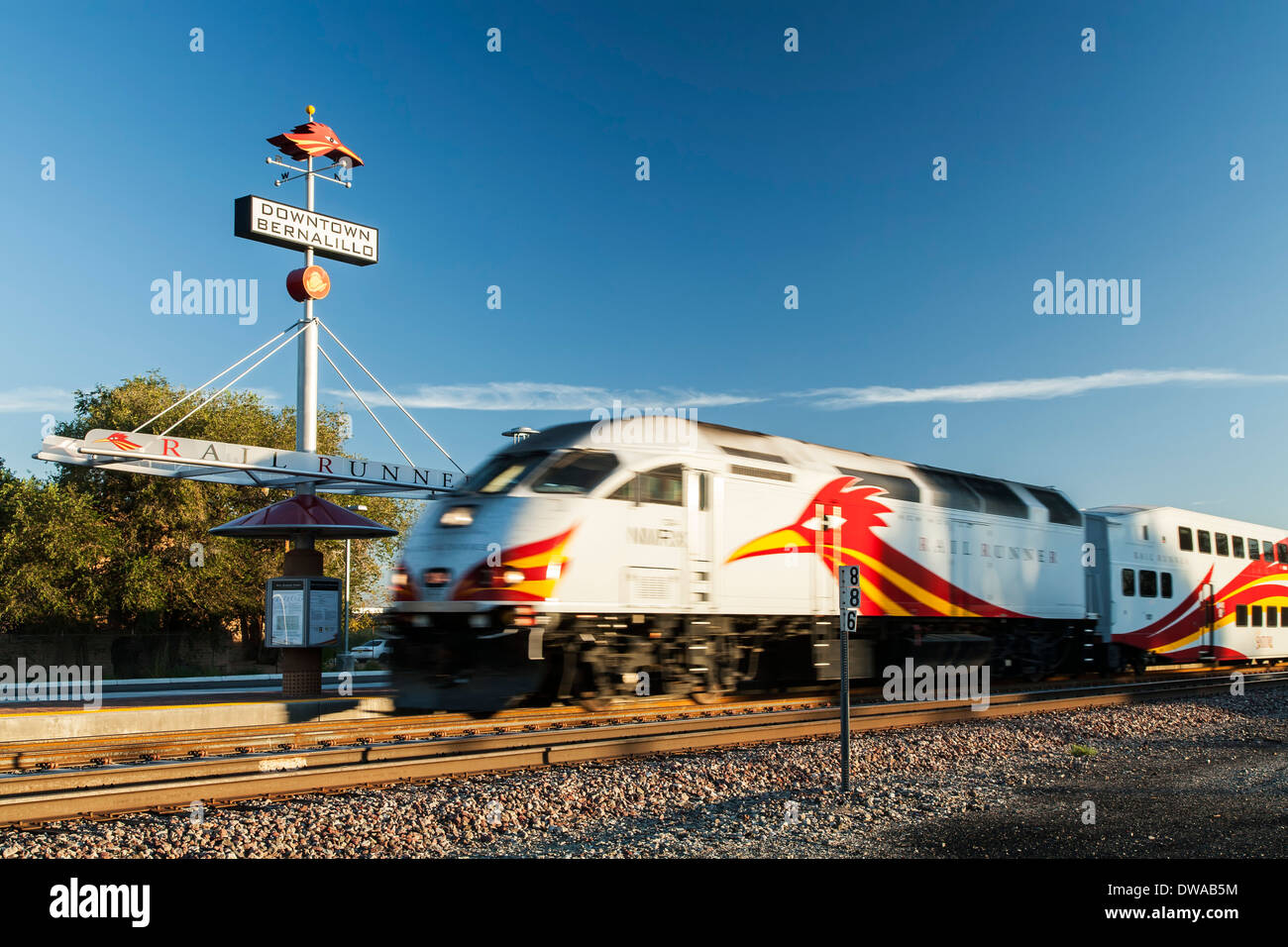 Rail Runner (commuter train) arriving at Bernalillo Station (near Albuquerque), New Mexico USA Stock Photo