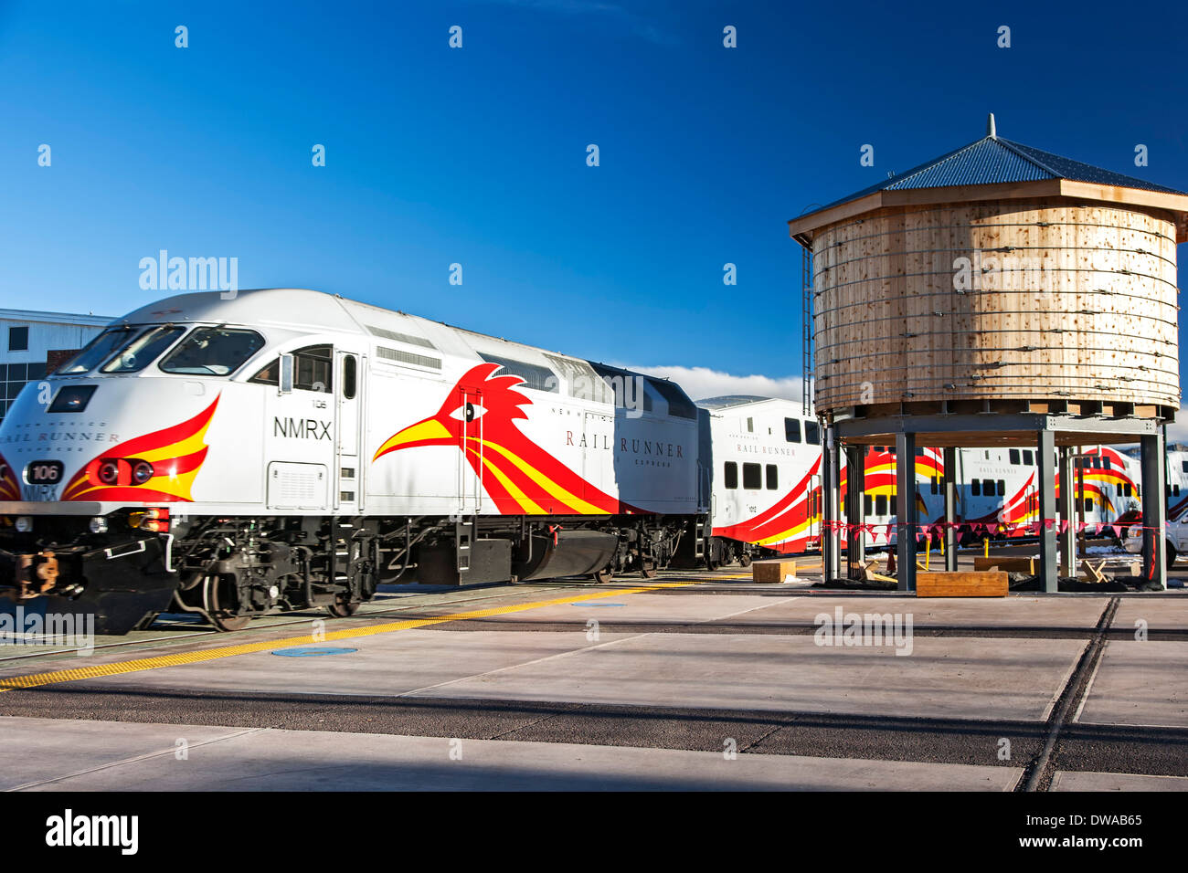 Rail Runner Express leaving Santa Fe Depot, Santa Fe, New Mexico USA Stock Photo