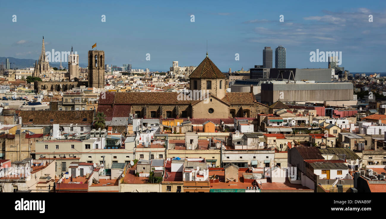 Ciutat Vella, Old City Center of Barcelona, Panoramic View from Roof Top of Barcelo Raval Hote, Barcelona Stock Photo