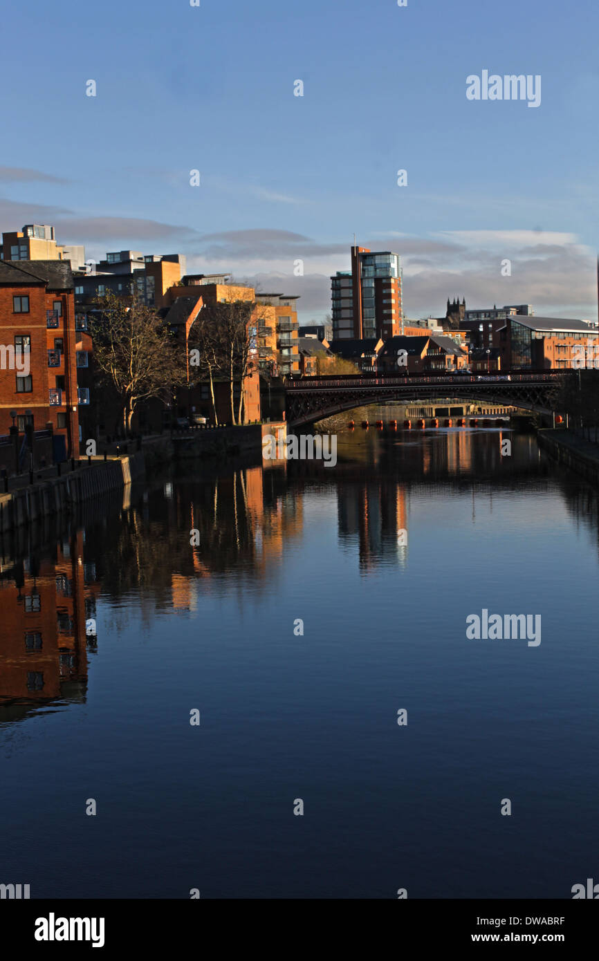 Looking over Leeds Liverpool canal in Leeds city centre Stock Photo