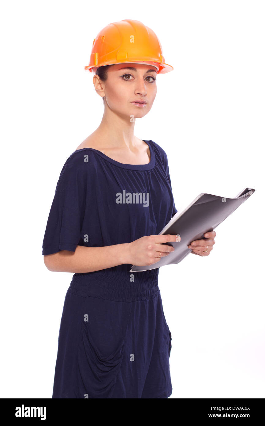 girl in a helmet with a file of documents Stock Photo - Alamy