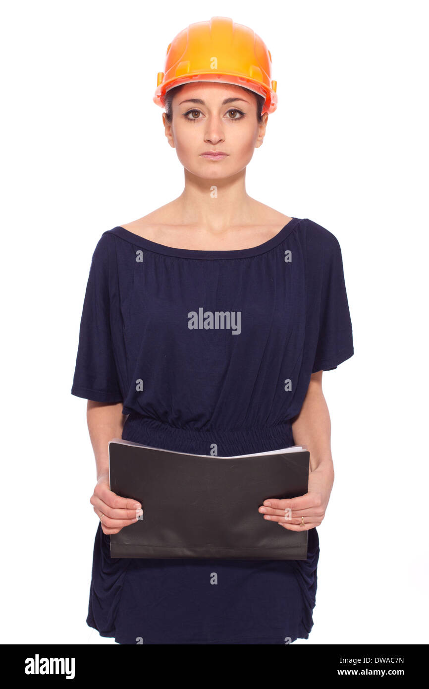 girl in a helmet with a file of documents Stock Photo - Alamy