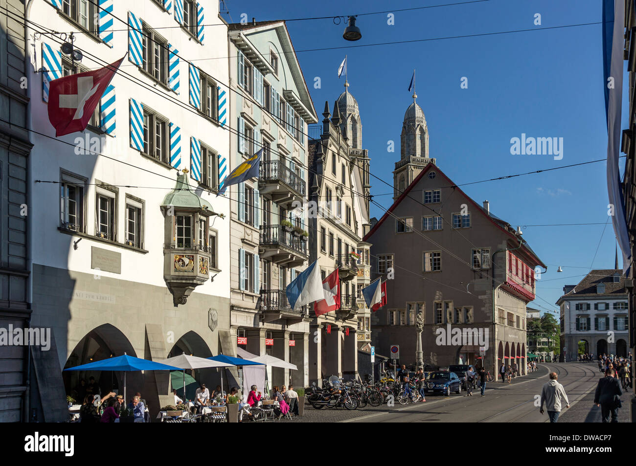 Old City Center of Zurich, Limmat Quai, Grossmunster Stock Photo