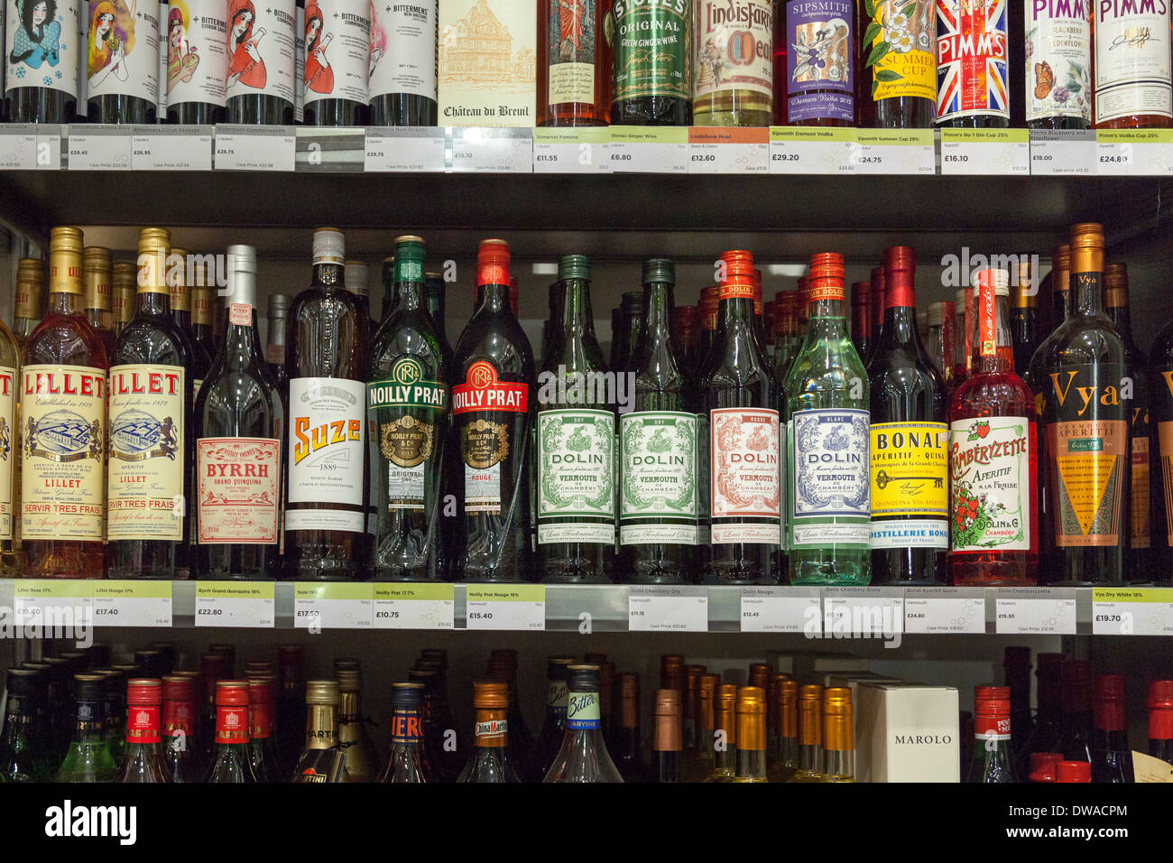 Alcohol on display in a n off-license store Stock Photo