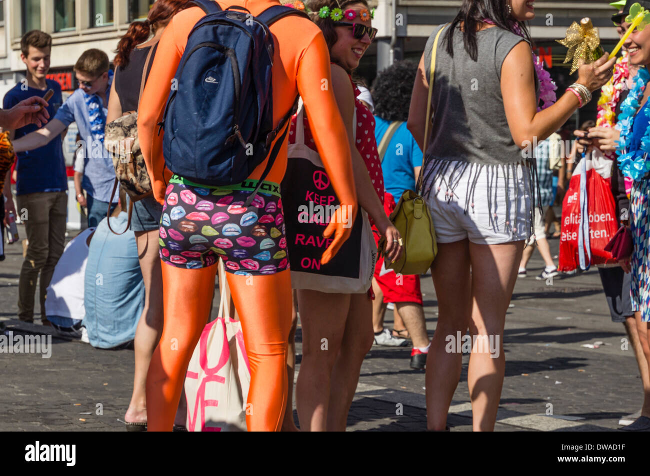 party people in funny costumes at street parade, Zurich, Switzerland
