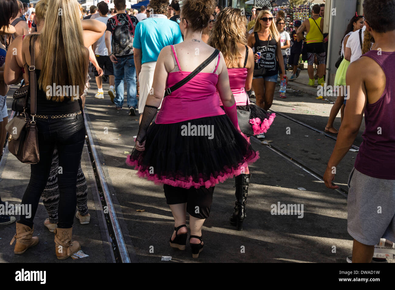 party people in funny costumes at street parade, Zurich, Switzerland, Stock Photo