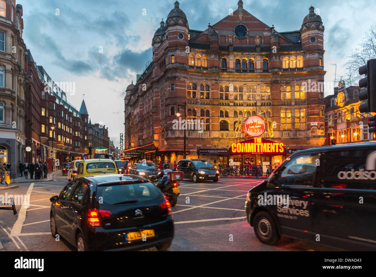 Evening traffic on Shaftesbury Avenue with The Palace Theatre ,London,England Stock Photo