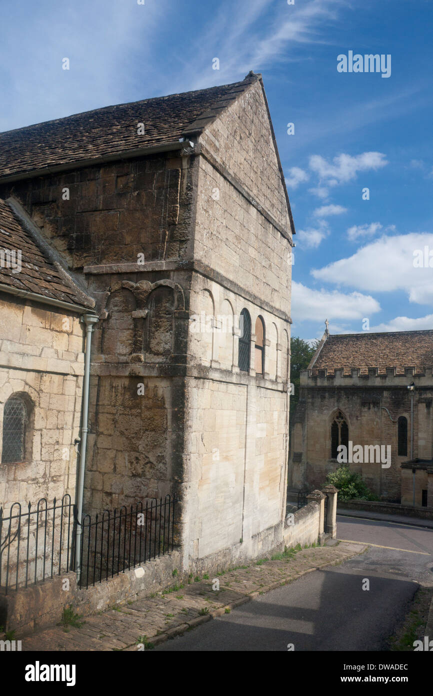 The Saxon church of St Laurence with Holy Trinity parish church to right of frame Bradford on Avon Wiltshire England UK Stock Photo