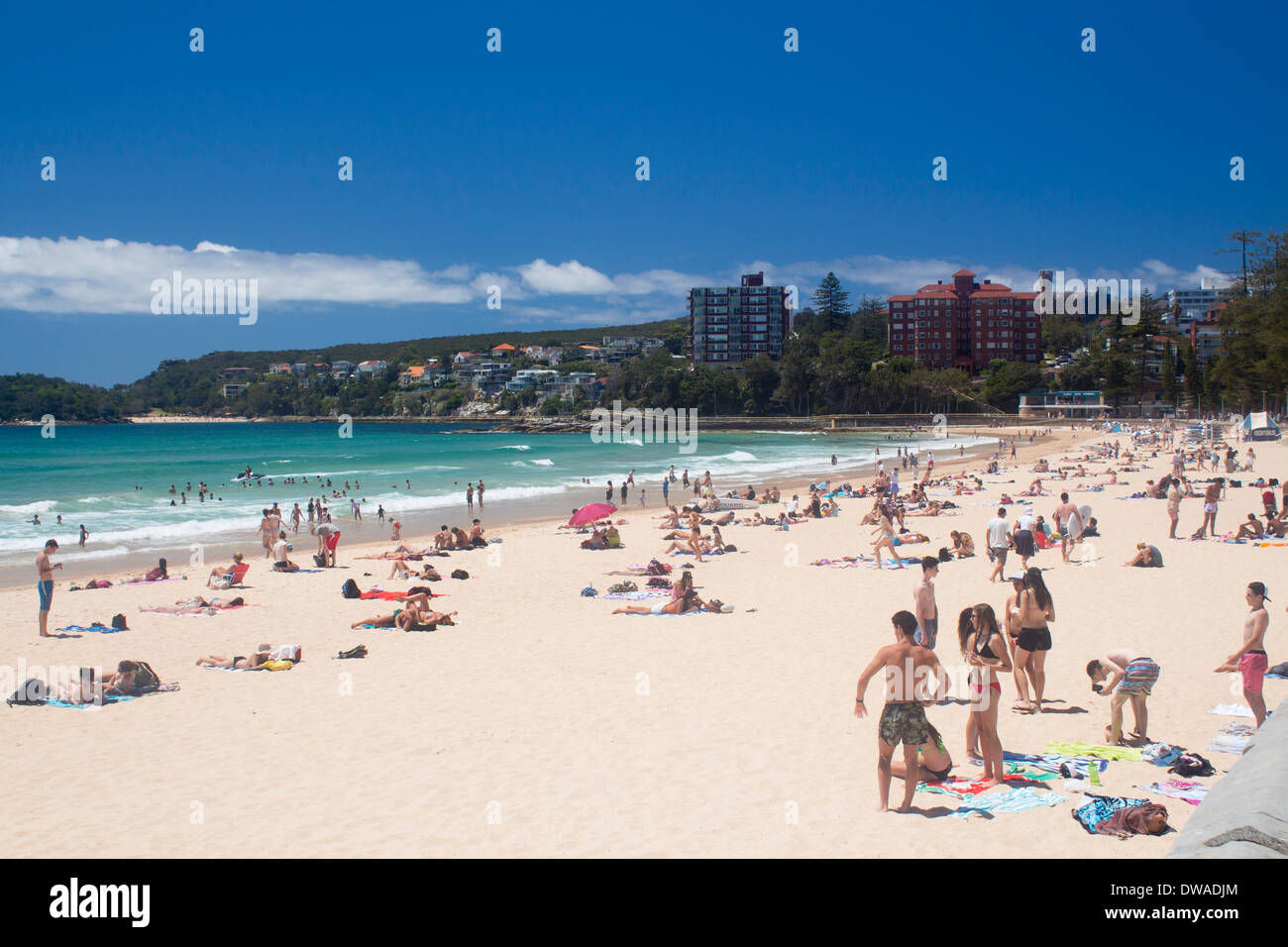 Manly North Steyne Beach with people bathing relaxing surfing etc Northern Beaches Sydney New South Wales NSW Australia Stock Photo