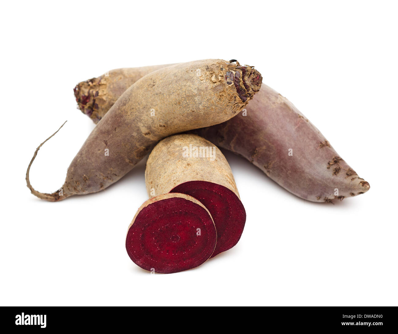 Red beetroots and slice isolated on white background close-up. Stock Photo