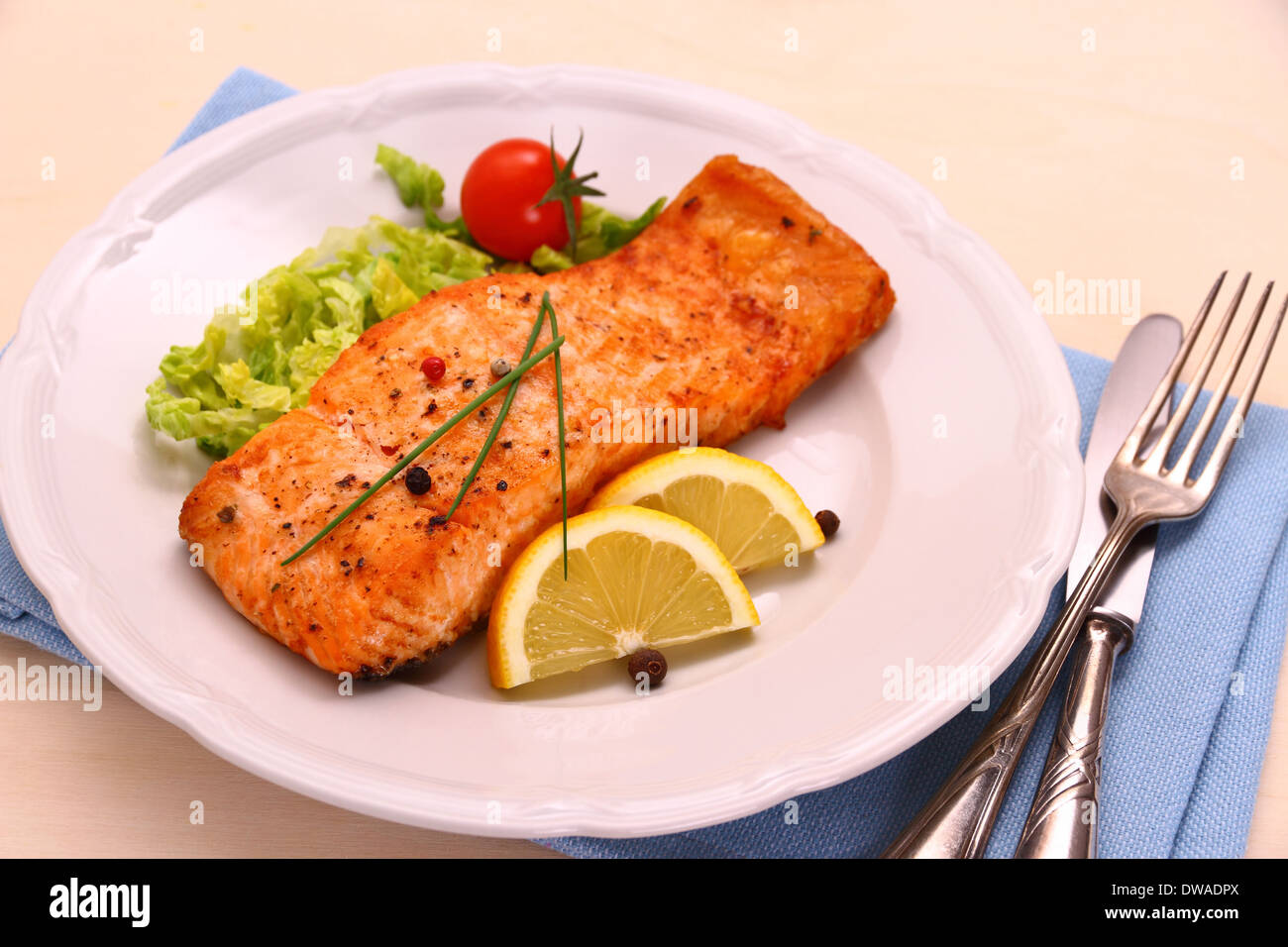 Grilled salmon and vegetables , top view Stock Photo - Alamy
