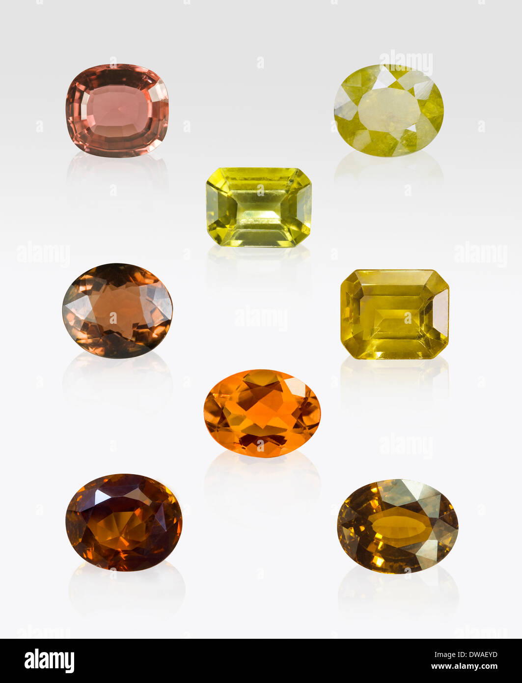 Yellow and Brown Tourmaline gems on white background Stock Photo