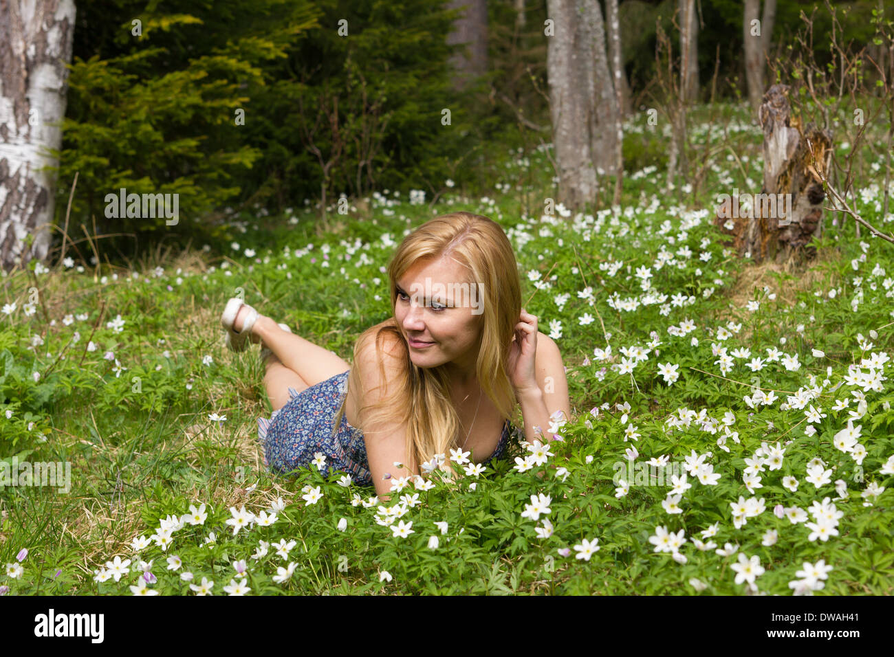 Young pretty blond woman on a meadow with flowers Stock Photo