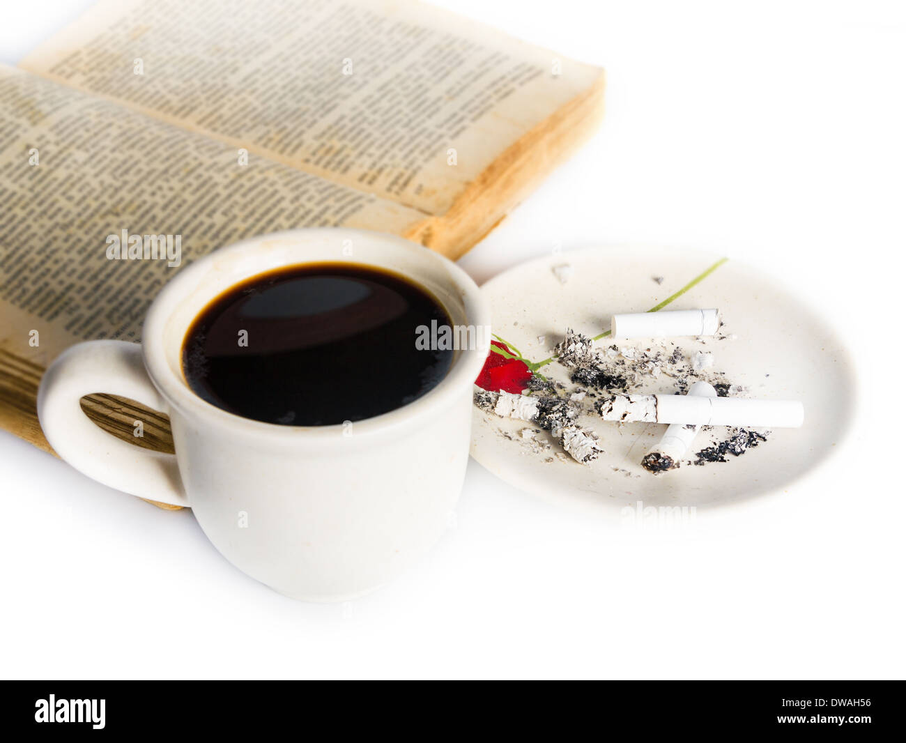 Coffee, book and cigarettes on white Stock Photo Alamy