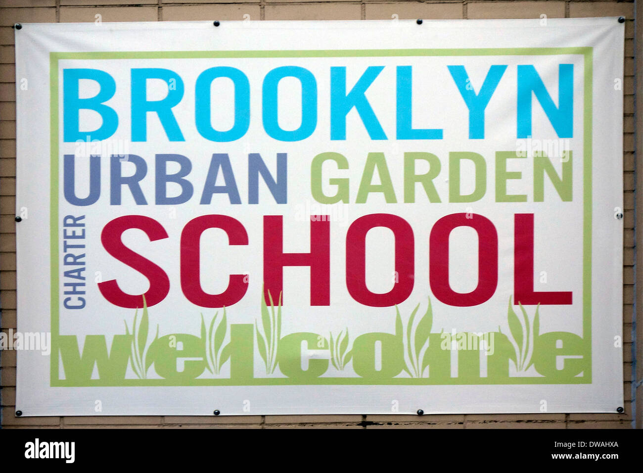 Brooklyn urban garden charter school welcome sign Stock Photo