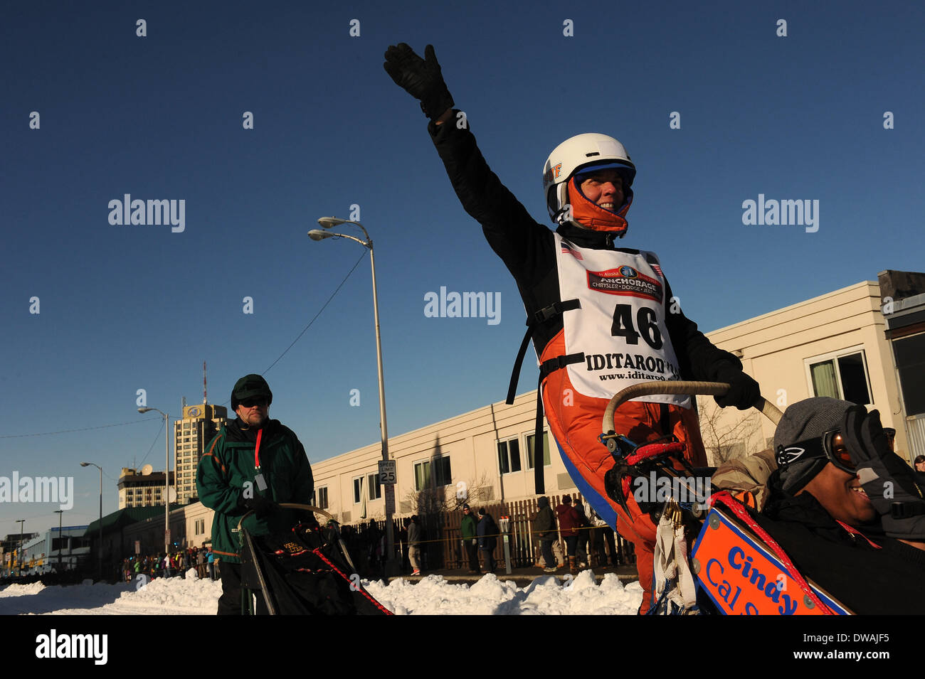 Anchoarge, AK, USA. 1st Mar, 2014. BOB HALLINEN / Anchorage Daily News.Cindy Abbott, of Irvine, CA, waves to the crowd during the ceremonial start of the 2014 Iditarod Sled Dog Race on Fourth Avenue in downtown Anchorage on Saturday, March 1, 2014. 140301 Credit:  Bob Hallinen/Anchorage Daily News/ZUMAPRESS.com/Alamy Live News Stock Photo